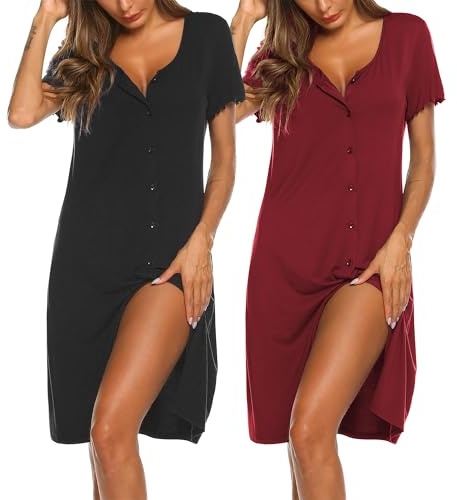 Ekouaer 2-pack nattlinne för damer, kortärmade knappar, sovskjorta, kort sovskjorta, knappslå nattkläder, S–XXL