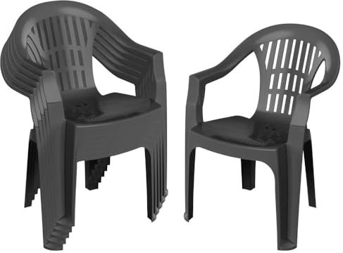 Harbour Housewares Milas Garden Dining Chairs - Anthracite - 6x Stackable Plastic High Back Outdoor Patio Bistro Balcony Armchair Seating Furniture Set