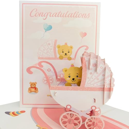 Baby Shower Pop Up Card for Boy or Girl, 3D Stroller Design with Envelope