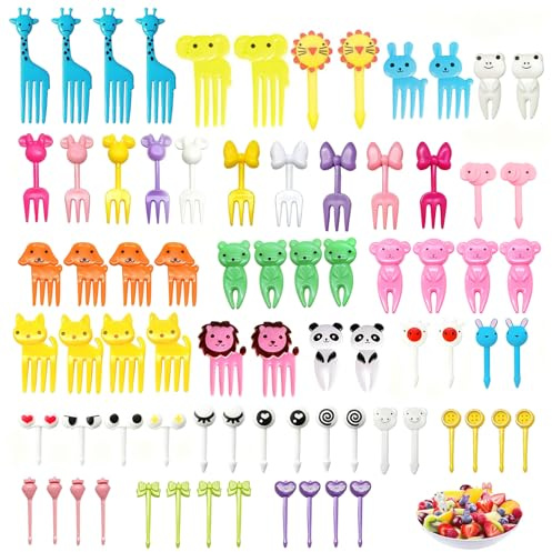 76 Tenedores de Fruta de Dibujos Animados, Simpáticos Palillos para Bento, Palillos para Tartas, Tenedores para Comida, Reutilizables, Adecuados para Fiestas Infantiles, Celebraciones de Festivales