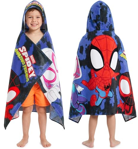 Marvel Spidey And His Amazing Friends Bath Towels With Hood For Boys, Soft Absorbent Cotton Beach Towels, Swimming Pool Hooded Poncho For Kids, Superhero Gifts For Boys Ages 2-6 (Multi Spidey)