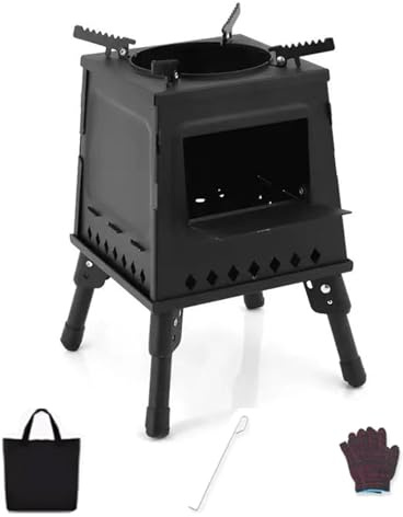 Estufa de leña portátil para cocinar acero plegable con bolsa de almacenamiento Estufa de camping Quema de leña para acampar al aire libre Cocinar barbacoa (24.5x24.5x35.5cm)