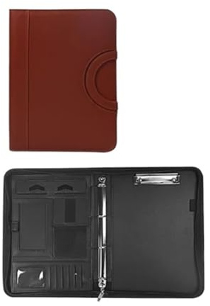 Cartella portadocumenti in pelle Cartella portadocumenti for conferenze, con cerniera, in pelle, formato A4, blocco for appunti, for tablet, portatile, manico circolare(Brown)