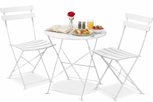 Set Cortina Bistrot da Giardino – Tavolo Rotondo e 2 Sedie Pieghevoli in Acciaio, Colore Bianco, Design Elegante per Balcone, Terrazzo Giardino e Veranda