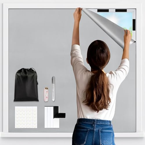 Vexyra Estores Opacos Sin Taladrar, 200x148cm Tela Opaca para Ventanas con Revestimiento Térmico Aislante, Cortina Blackout Curtains Portátil y Cortable Foscurit para Hogar, Velux, Caravana y Viajes