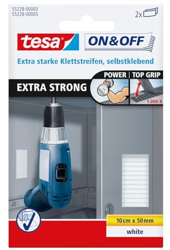 Tesa on & off bande adhésive auto agrippante extra forte – fixation d'objets lourds comme les Outils – Bande 50 mm x 10 cm, Blanc