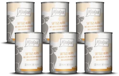 MjAMjAM - nourriture humide premium pour chiens - poulet juteux avec canard tendre sur carottes et millet bouilli, pack de 6 (6 x 400 g), sans céréales avec un supplément de viande