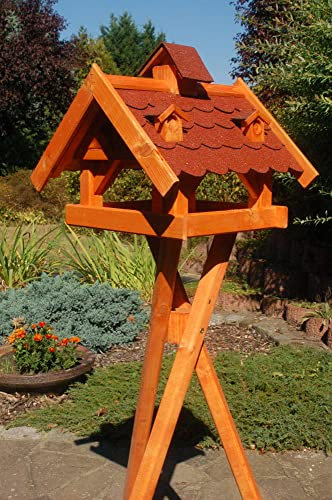 Deko-Shop-Hannusch Futterhaus/Vogelhaus mit Bitumenschindeln und Gauben versch. Dachfarben V19, Variante:V19 bitum rot mit Ständer