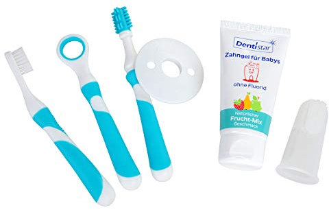 dentistar Baby Zahnpflege Starter Set (5-teilig) – Baby Zahnpflegeset mit Zahngel, Silikon Fingerzahnbürste – Zahnputzlernset ohne Mikroplastik & vegan – BPA & PVC frei