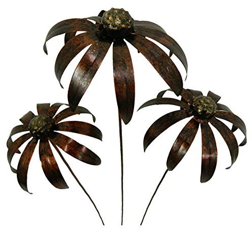 Set of 3 Metal Flower Daisy Ornaments - Echinacea Daisies, Bronze, 100cm Tall - Unique Garden Stakes for Pots & Borders, Durable, Handcrafted Outdoor Decorations - Fairly Traded Garden Art
