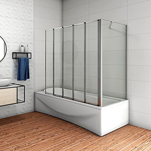 120x140cm Parete Doccia Sopravasca Angolare 5 Ante Pieghevoli Vetro 4 mm con Parete Laterale 75cm Vetro Temperato 6 mm Trasparente Telai Cromi Lucidi