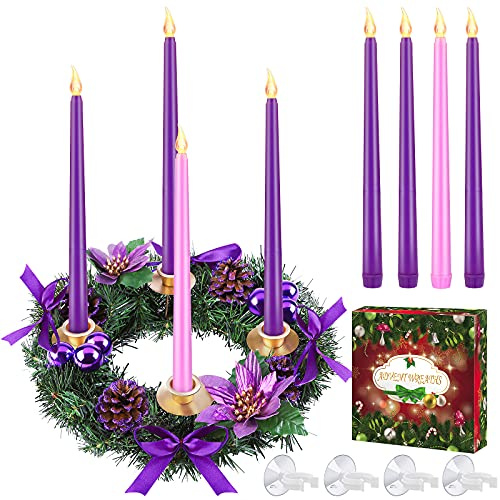 MCEAST 11.8 Inch Christmas Advent Wreath with 4 Flameless Taper Candles Purple Ribbon Candle Holder Christmas Centerpiece Decorations for X-mas Advent Holiday Party Decor