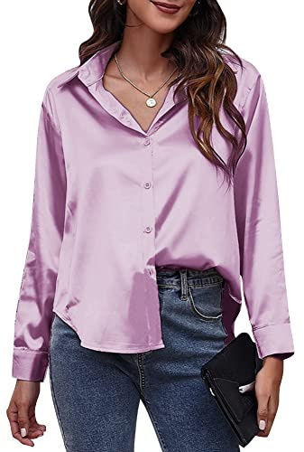 FEOYA Camisa de satén de manga larga con botones para mujer, blusa de seda de imitación suave, elegante cuello en V con solapa para casual, formal, trabajo, color sólido, S-XXL, Morado (, XL