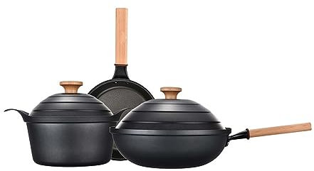 BONOOL Juego de Wok de Tres Piezas, Juego de Wok, sartén, Juego de Olla Antiadherente, Kit de Utensilios de Cocina Combinados para el hogar.