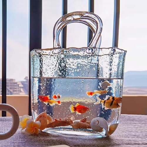 BLSYHDH Vaso per Fiori a Forma di Borsa, Vaso a Borsa in Vetro con Manici Ottimo per Composizioni Floreali, Vaso a Borsa Trasparente Ciotola per Pesci Design Unico per Decorazioni per la Casa(#1)