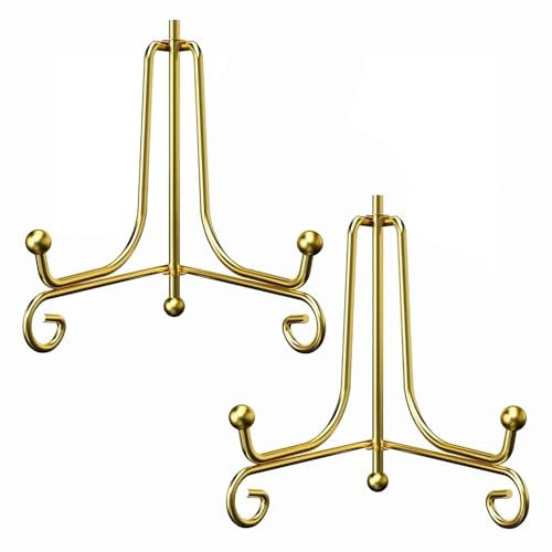 Soporte para Platos, 2 Piezas Soporte de Exhibición de Hierro, Caballete Expositor de Mesa para Platos Decorativos, Fotos, Libros, Arte, Marcos de Foto, 8 Pulgada Oro