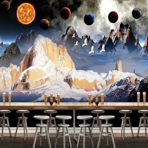 MIXUEXUNLU Wallpaper Golden Creative 3D Snow Mountain Mountains Planet Poster Mural Background Wall Painting Children's Bedroom Room Decoration