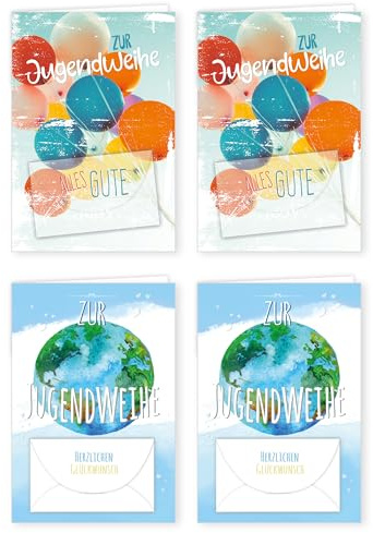PremiumLine Glückwunschkarten zur Jugendweihe 4 Stück mit Geldkuvert und Umschlag Jugendweihekarte 11,5 x 17 cm Geldkarte Klappkarte mit Spruch, innen Blanko | 4 Grußkarten