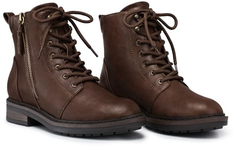 SHIBEVER Ankle Boots for Women Comfortable Lace-up Fall Fashion Combat Boots 2026 Low Heel Lug Sole Zipper Short Booties, Brown, 5 UK