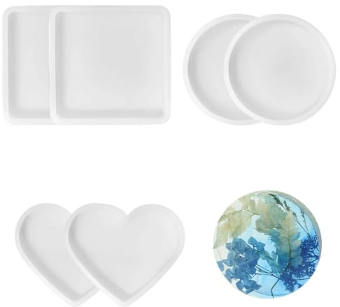 6 stampi in silicone per sottobicchieri in resina, per artigianato fai da te, stampi in silicone per colata in resina, forme quadrate rotonde a forma di cuore, per decorazioni domestiche, 9-10,8 cm