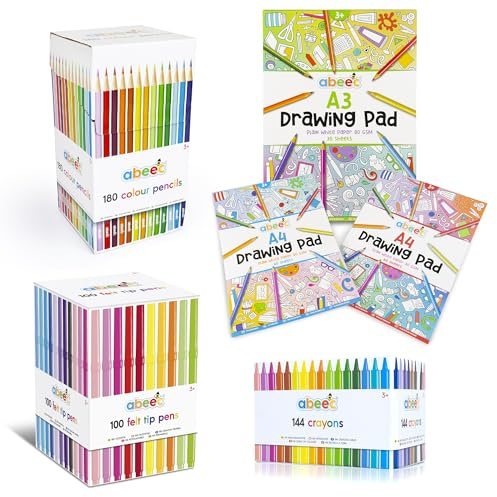 abeec Ultimate Kids' Art Bundle | 100 Felt Tip Pens, 144 Wax Crayons, 180 Colouring Pencils, 3-Pack Drawing Paper (2x A4, 1x A3) | Complete Creative Set for Children’s Arts & Crafts