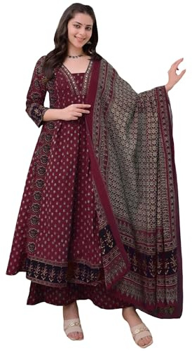 ANNI Designer Women's Pure Cotton Anarkali Kurta Dupatta & Plazzo Set, Full Set Hand Block Print, Elegant Dress, Cotton Kurta Set for Women