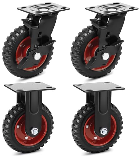 Humagineer Transportrollen Outdoor 800kg - 2 Lenkrollen mit Bremse & 2 Festrollen - Vollgummi schwerlastrollen mit gewinde - für Palettenroller, Werkstatt-Wagen und Maschinen
