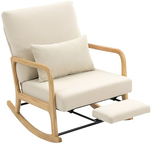 HOMCOM Silla Mecedora con Reposapiés, Respaldo Ajustable, Mecedora de Pana Nórdica, Patas de Madera, Reposabrazos, Cojín Lumbar, Sillón de Relax, Carga 120 kg, para Dormitorio, Salón, Crema