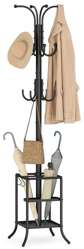 SONGMICS Coat Rack Freestanding with Umbrella Holder, Metal Coat Rack Stand with 12 Hooks, for Entryway, Hallway, Living Room, Bedroom, Ink Black URCR082BH02S
