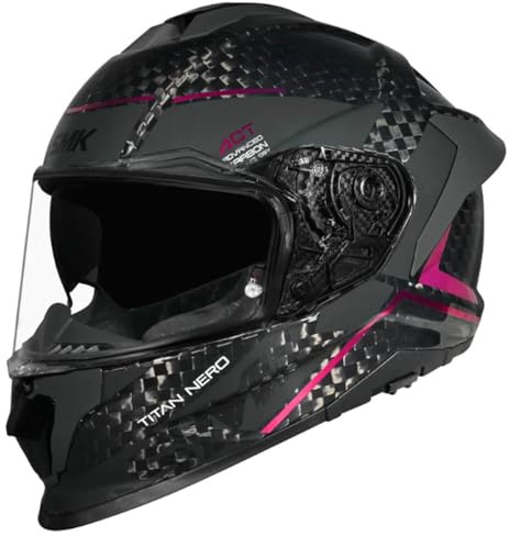 SMK Titan Carbon Nero Rosa Cromado - Casco de Moto Integral en Fibra de Carbono con Visor Solar Interior, Unisex Helmets Hombre y Mujer, Homologado 22.06