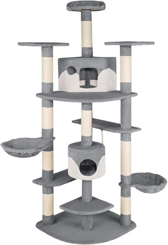 tectake® Multi-Level Cat Tree with Sisal Scratching Posts, Plush Fabric, 2 Cosy Houses, 2 Hanging Beds & Toy Rope, Anti-Tip Protection - 201 cm Cat Tower for Play & Rest - Grey/White