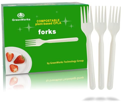 GreenWorks 200 Count Heavy-duty Compostable Forks, BPI Certified Large Disposable Cutlery Flatware Utensils Fork