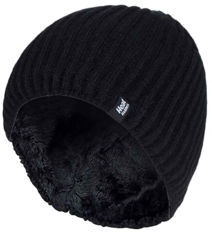 HEAT HOLDERS - Mens Fine Ribbed Fleece Lined Thermal Winter Knitted Beanie Hat (One Size, Black (Halden))