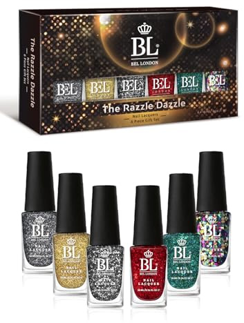 Bel London Razzle Dazzle - Glitzer Nagellack Set - Normaler Nagellack-Set Ohne UV Licht mit bunten Glitzer Nagellacken für Perfekte Maniküre zu Hause, 6 Farben
