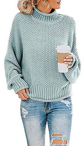 Imuedaen Pullover Damen Elegant Winter Rollkragenpullover Strickpullover Grobstrickpullover Casual Lose Langarm Pulli Oberteile (A Hellblau, L)