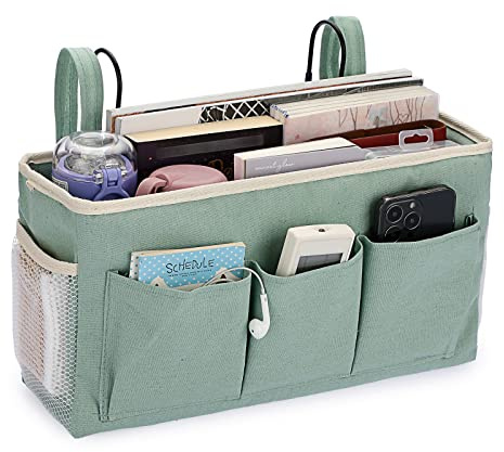 IGNPION Canvas Bedside Hanging Storage Pockets Metal Hook Adjustable Tape Dormitory Bed Organiser Caddy Mulit-purpose Bag Home Office School Hospital,Green (IGPUK0581)