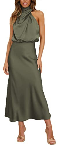 Daysskk Wedding Guest Dresses for Women Long Satin Cocktail Dress for Women Summer Maxi Dress Women Elegant Formal Evening Dresses for Women Mock Neck Army Green XL