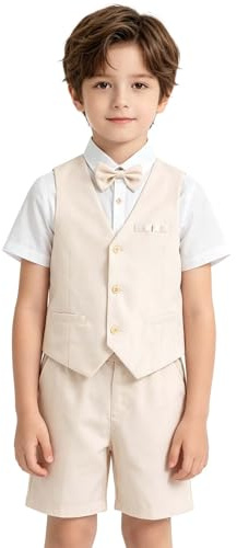 LOLANTA 4 pièces Costume Garcon Mariage Ete, Tenue Enfant Garcon Ceremonie, Vêtement Baptême Anniversaire Garçon Page, Ensemble Costume Short Lin Gile Chemise avec nœud Papillon, Beige, 5-6 Ans, 120