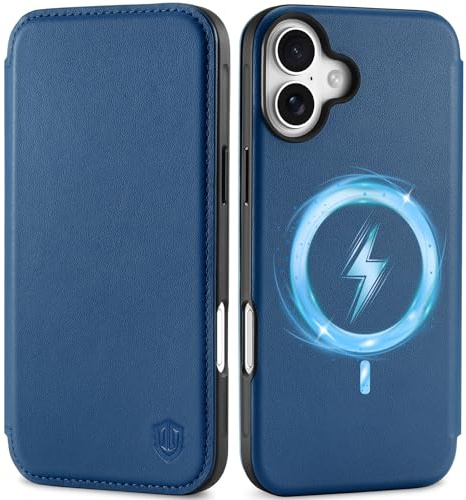 SHIELDON Case for iPhone 16 6.1 2024, Genuine Leather Slim Wallet [3 Card Slots][RFID Blocking][Magnetic Closure][Wireless Charging] Protective Flip Cover Compatible with iPhone 16 - Royal Blue