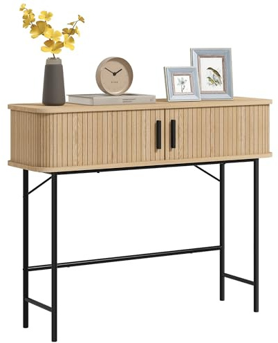 HOMCOM Mesa Consola Vintage Mueble para Recibidor con 2 Puertas Correderas de Tambor y Compartimientos Consola para Recibidor Entrada Pasillo 100x30x80 cm Roble