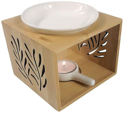 Quemador de Cera de Madera, 11.5 * 11.5 * 9,2 cm, Quemador de Cera de bambú de cerámica, Quemador de Aceite de cerámica, Quemador de Cera de cerámica de bambú, con Cuenco para aceites Esenciales
