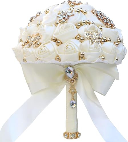 Generico Bouquet da Sposa, Bouquet da 21 cm per Matrimonio, Fiori Artificiali in Raso, Eleganti Bouquet Quinceañera, Bouquet da Sposa Fatti a Mano con Strass e Perle,White