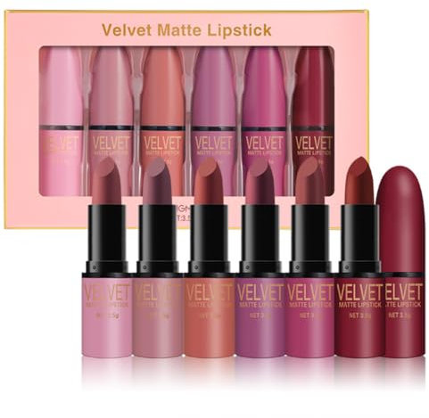 KARLOR Juego de 6 barras de labios, juego de 6 lápices de labios mate, palo de rosa, rojo y rosa, 24 horas de duración, color rosa, juego de regalo hidratante