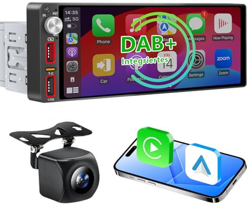 6,9 Zoll 1 Din Autoradio mit drahtlosem CarPlay & Android Auto, Bluetooth, Full-Touch-Autoradio-Display FM, DAB+，Rückfahrkamera und Mikrofonunterstützung