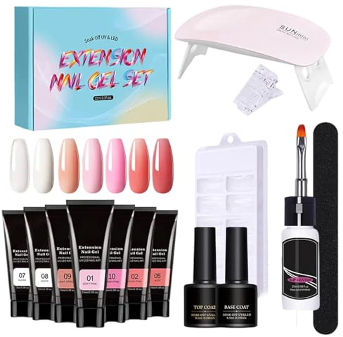 Kit de gel de uñas poly para principiantes, kit de uñas con todo,Extension Gel Set Nail Kit con luz UV - Solución de engrosamiento de 7 colores Builder Toeneils Art for Women