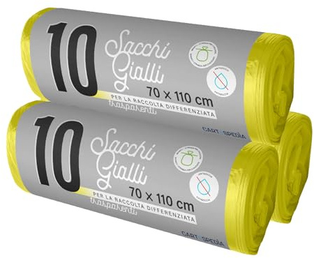 120 Sacchetti Spazzatura - BIODEGRADABILI- MISURA: 70x110 cm - con Manici | Sacchetti Immondizia da 110L, Trasparenti per Raccolta Differenziata | Buste Anti Umidità, Plastica Riciclata, Gialli