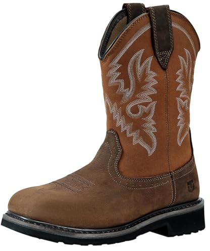 TINLIMHOM Men's Square Toe Steel Toe Cowboy Boots with Waterproof Oil-resistant Slip-on Full Grain Leather Rubber Lug Outsole Shock Absorption & Removable PU Foam Footbed Pull-on Safety Work Shoes for Construction Industrial Farming Welding Riding (Brown, 12)