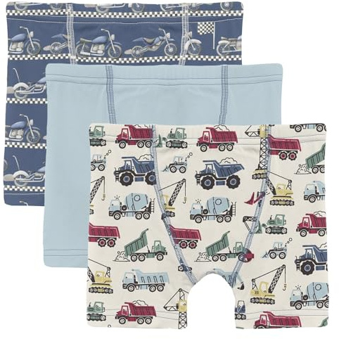 Kic Kee Pants KicKee Boys Boxer Brief Underwear, Lightweight and Breathable For All Day Comfort, Set of 3 (Denim Motorcycles, Spring Sky & Natural Construction Trucks - M-8/10)