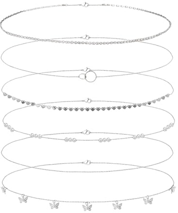 Glamifyr 6 collane boho per la pancia, in argento, per donne e ragazze, con nappa boho e paillettes, con ciondolo a forma di farfalla, per il corpo