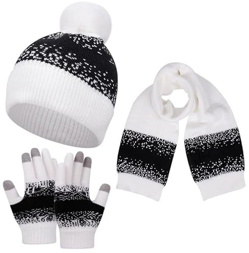 Yanmucy Mössa halsduk och handskar set damer vinter mössa stickad hatt lång halsduk pekskärm handskar set för kvinnor pom pom tofs mössa vinter kallt väder set utomhus skidåkning, Vitt, one size